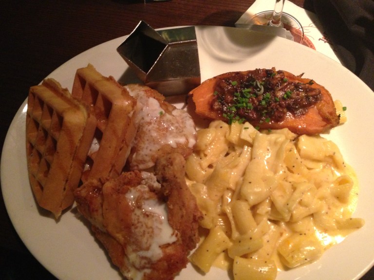 Southern pan fried chicken and waffles, served with mac & cheese and choice of one side. Our choice: sweet potato