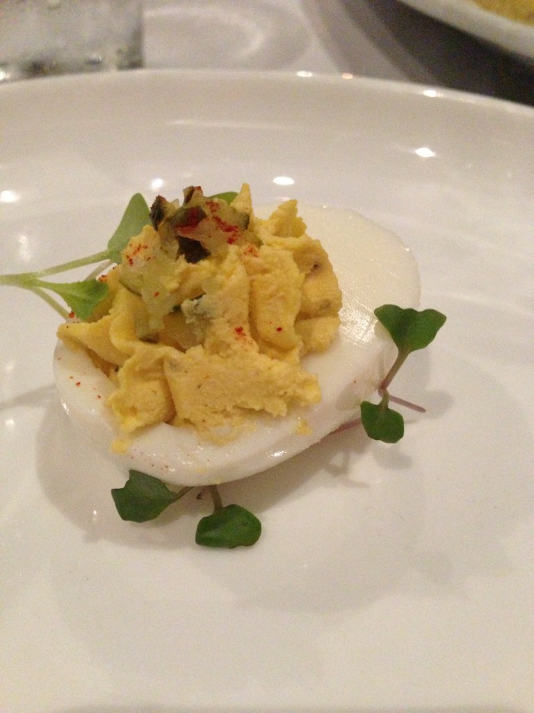 Free Range Deviled Eggs with bread and butter pickle relish.