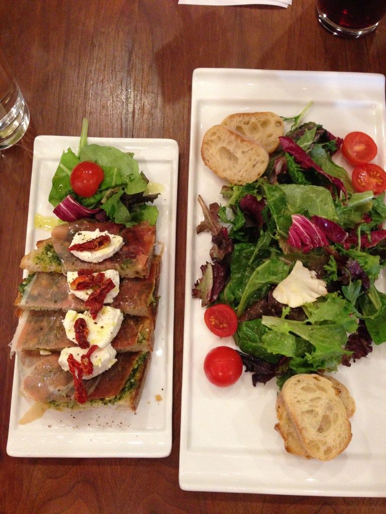 Prociutto et Chevre Tartine: prociutto, goat cheese, sundried tomatos and pesto. Salade aux Fines Herbes: seasonal greens, fresh herbs, champagne vinaigrette