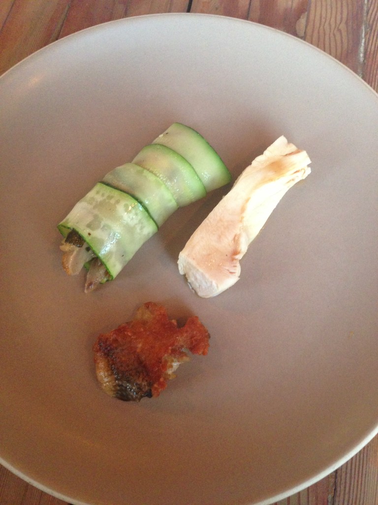 Guinea hen, gently poached white meat and braised dark meat, with summer squash, oregano, and soured cream