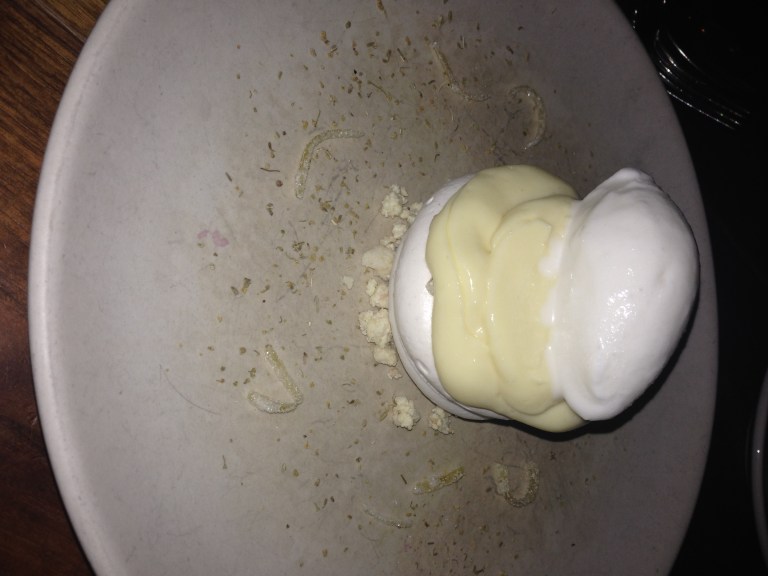 Lemon meringue pot, ice cream and lemon zest