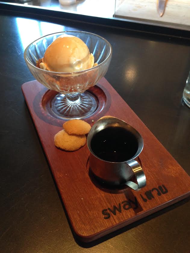 thai tea affogato condensed milk ice cream, black tea tapioca, macadamia crumble, thai tea