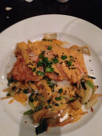 Almond Coconut Crusted Salmon with Steamed Rice, Asian Vegetables and Peanut Curry Sauce