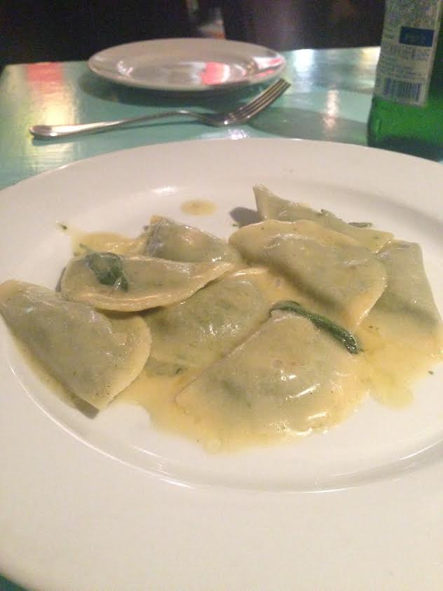 tortelli di bietola - ravioli stuffed with swiss chard, ricotta, goat cheese, sage butter sauce