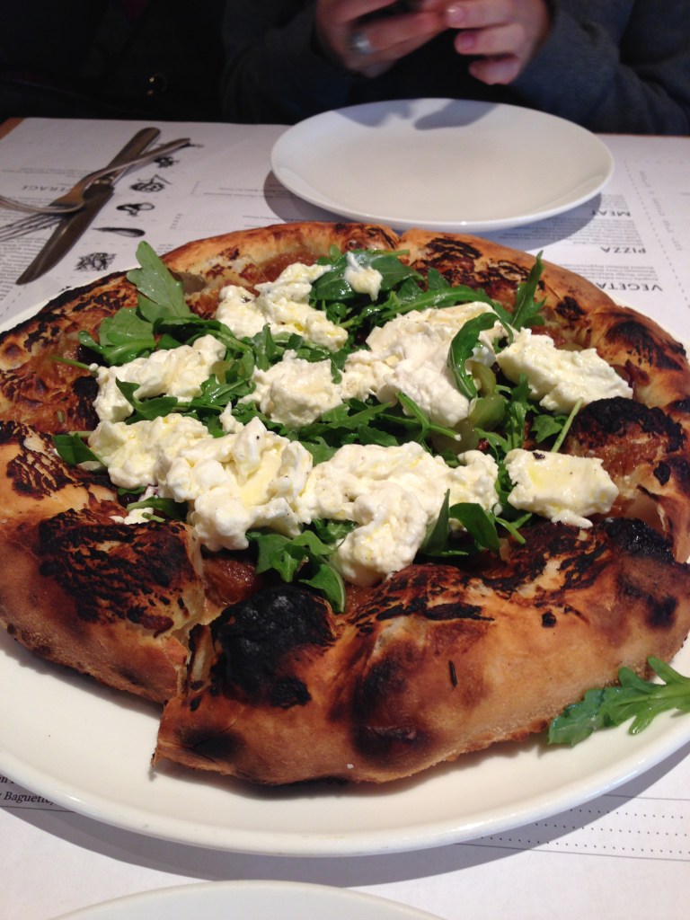 Burrata, garlic, grape, arugula pizza! Nom City