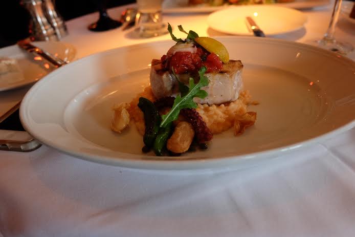 California line caught swordfish - grilled & wood oven roasted, Golden Tomato & Albarino Vialone Nano Risotto, Spanish Octopus, Roasted Tomato, Crispy Corona Beans Knolls Farm Arugula, Heirloom Cherry Tomatoes, Lemonette