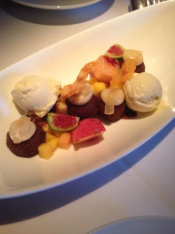 Snow White Peaches & Brown Sugar Ginger Cake, Lovers Lane Honey Ice Cream, Sour Cider Caramel, Kadota Figs, Mint & Serrano Golden Peach Relish, Almond Brittle 