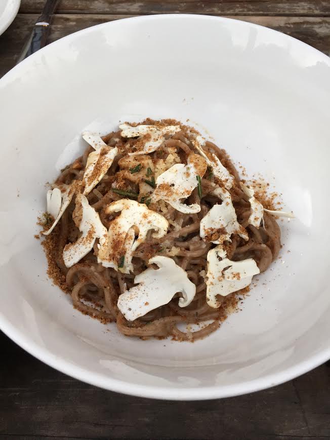 Famous dish - Farro spaghetti, matsutake, rosemary, hazelnut